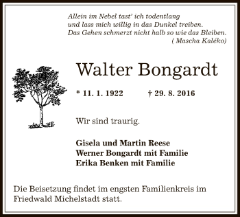 Traueranzeige von Walter Bongardt von Offenbach