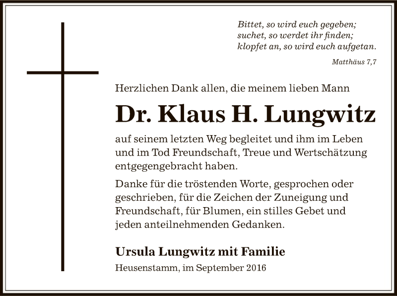  Traueranzeige für Klaus H. Lungwitz vom 14.09.2016 aus Offenbach