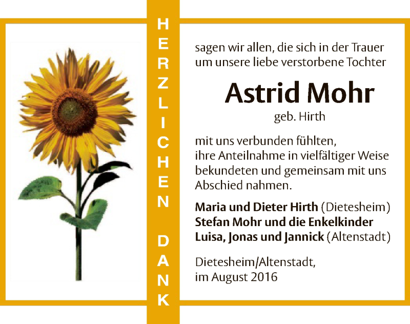  Traueranzeige für Astrid Mohr vom 27.08.2016 aus Offenbach