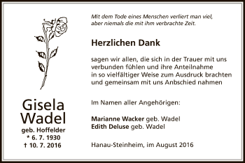 Traueranzeige von Gisela Wadel von Offenbach