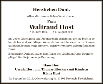 Traueranzeige von Waltraud Host von Offenbach