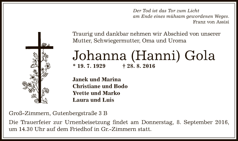  Traueranzeige für Johanna Gola vom 03.09.2016 aus Offenbach