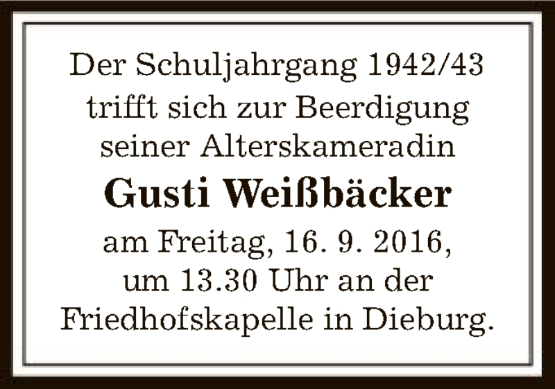  Traueranzeige für Gusti Weißbäcker vom 15.09.2016 aus Offenbach