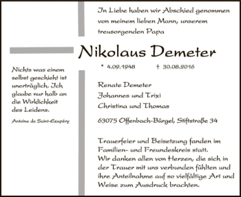 Traueranzeige von Nikolaus Demeter von Offenbach