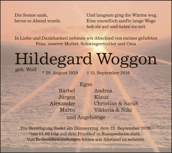 Traueranzeige von Hildegard Woggon von Offenbach