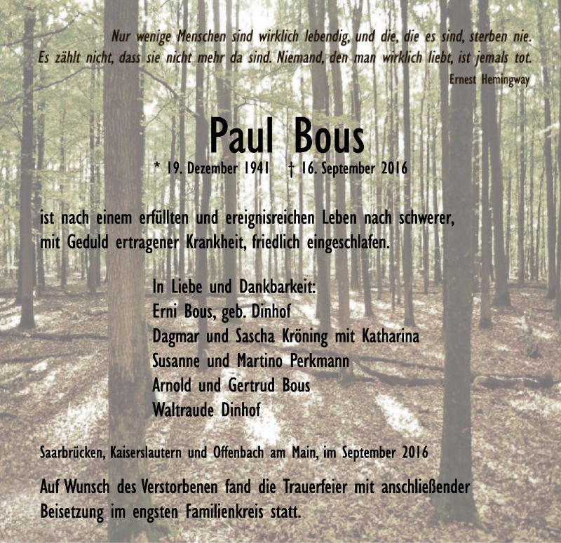  Traueranzeige für Paul Bous vom 24.09.2016 aus Offenbach