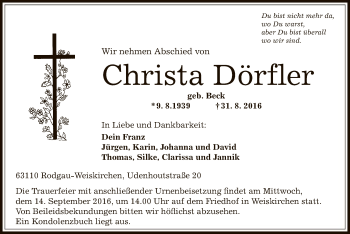 Traueranzeige von Christa Dörfler von Offenbach