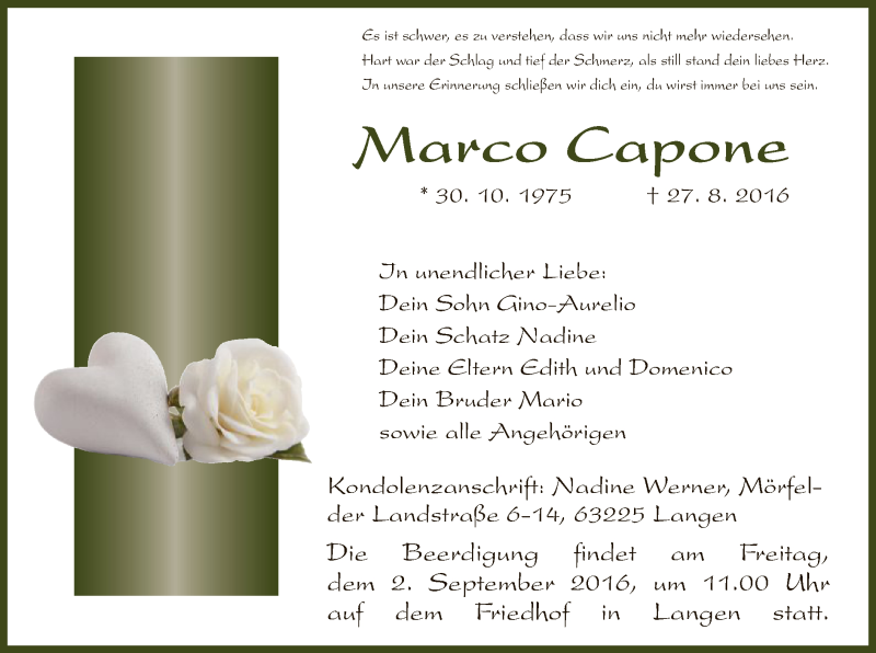  Traueranzeige für Marco Capone vom 31.08.2016 aus Offenbach