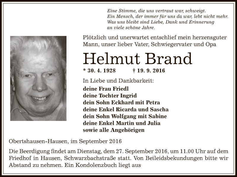  Traueranzeige für Helmut Brand vom 24.09.2016 aus Offenbach