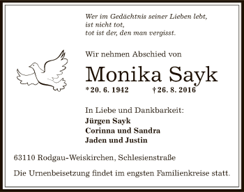 Traueranzeige von Monika Sayk von Offenbach