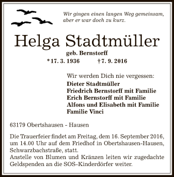 Traueranzeige von Helga Stadtmüller von Offenbach