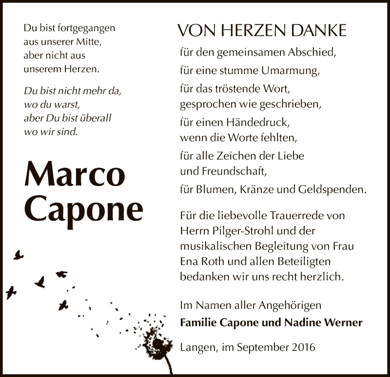  Traueranzeige für Marco Capone vom 24.09.2016 aus Offenbach