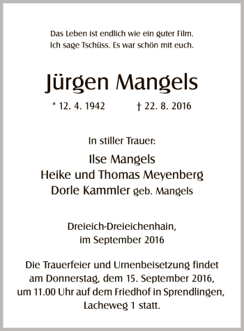 Traueranzeige von Jürgen Mangels von Offenbach