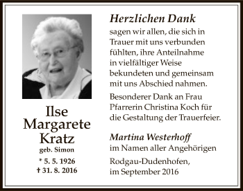 Traueranzeige von Ilse Margarete Kratz von Offenbach