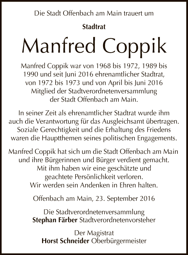  Traueranzeige für Manfred Coppik vom 24.09.2016 aus Offenbach
