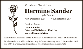 Traueranzeige von Hermine Sander von Offenbach