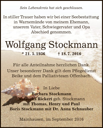 Traueranzeige von Wolfgang Stockmann von Offenbach