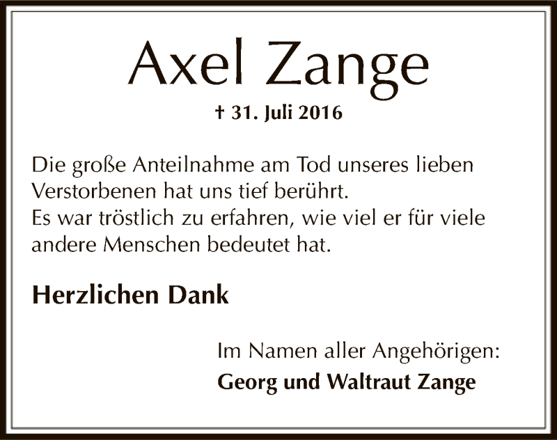  Traueranzeige für Axel Zange vom 08.09.2016 aus Offenbach