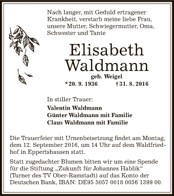 Traueranzeige von Elisabeth Waldmann von Offenbach