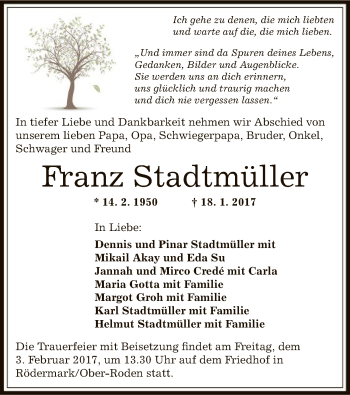 Traueranzeige von Franz Stadtmüller von Offenbach