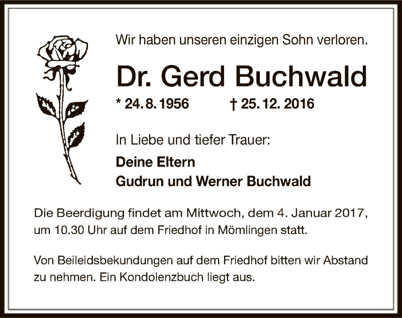  Traueranzeige für Gerd Buchwald vom 31.12.2016 aus Offenbach