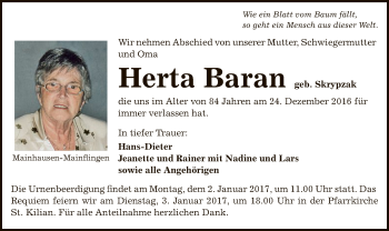 Traueranzeige von Herta Baran von Offenbach