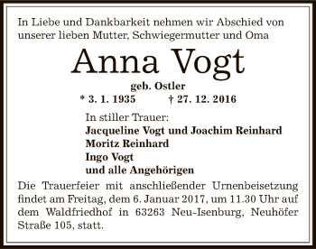 Traueranzeige von Anna Vogt von Offenbach