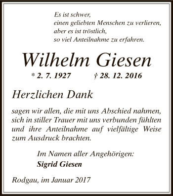 Traueranzeige von Wilhelm Giesen von Offenbach