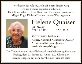 Traueranzeige von Helene Quaiser von Offenbach