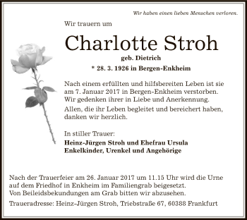 Traueranzeige von Charlotte Stroh von Offenbach