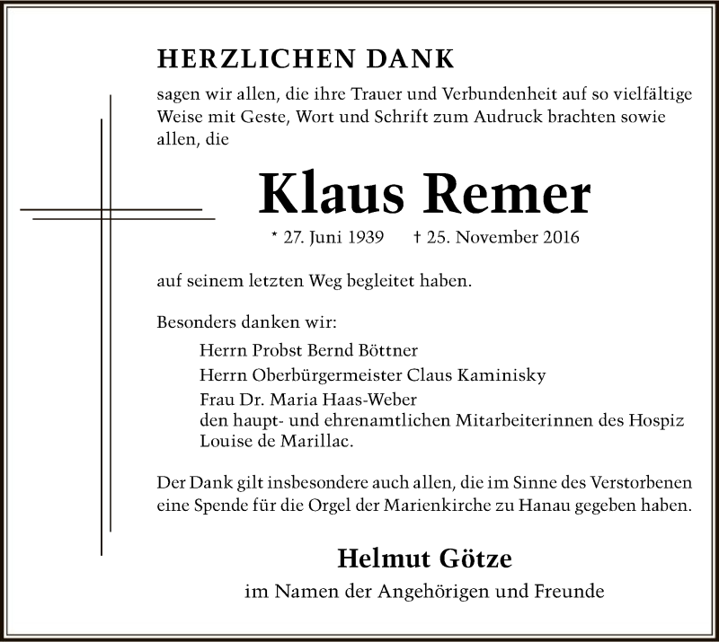  Traueranzeige für Klaus Remer vom 12.01.2017 aus Offenbach
