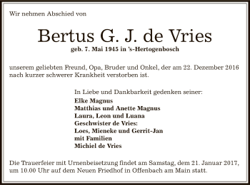 Traueranzeige von Bertus G.J. de Vries von Offenbach