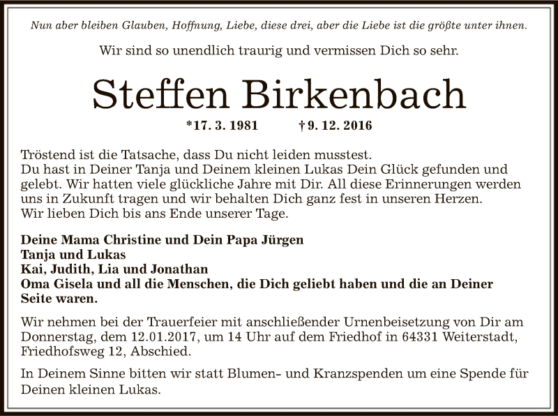  Traueranzeige für Steffen Birkenbach vom 31.12.2016 aus Offenbach