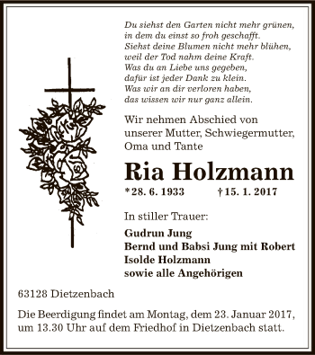 Traueranzeige von Ria Holzmann von Offenbach