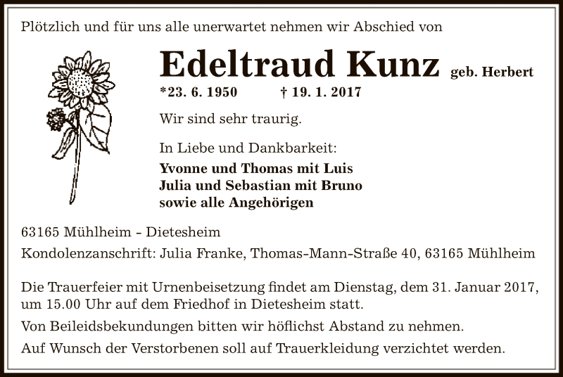  Traueranzeige für Edeltraud Kunz vom 21.01.2017 aus Offenbach