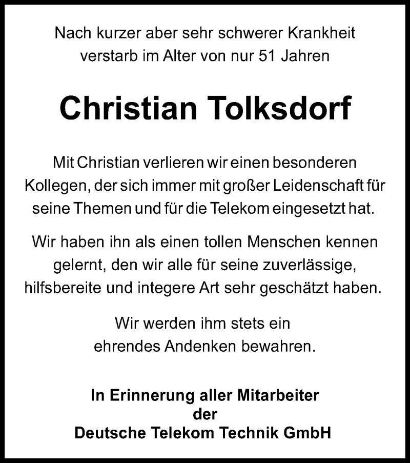  Traueranzeige für Christian Tolksdorf vom 21.01.2017 aus Offenbach
