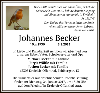 Traueranzeige von Johannes Becker von Offenbach