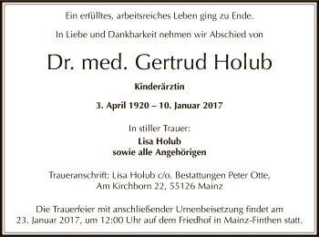 Traueranzeige von Gertrud Holub von Offenbach