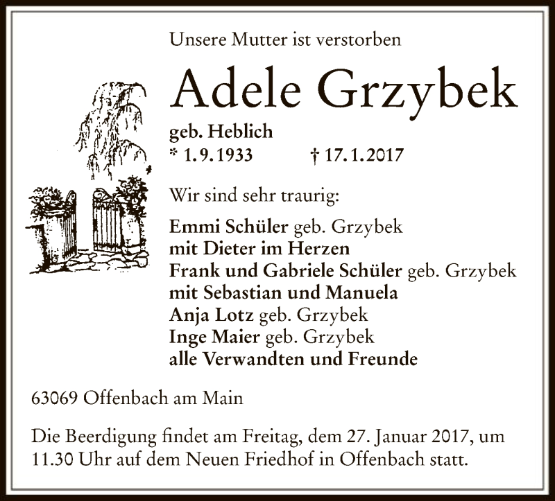  Traueranzeige für Adele Grzybek vom 21.01.2017 aus Offenbach