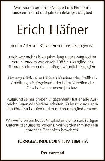 Traueranzeige von Erich Häfner von Offenbach