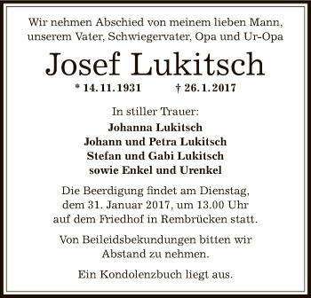 Traueranzeige von Josef Lukitsch von Offenbach