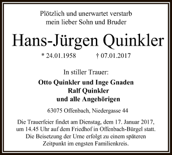 Traueranzeige von Hans-Jürgen Quinkler von Offenbach