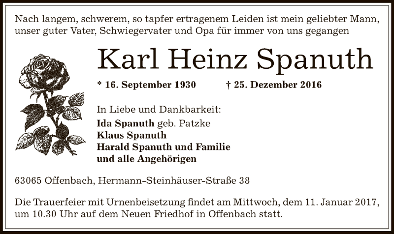  Traueranzeige für Karl Heinz Spanuth vom 07.01.2017 aus Offenbach