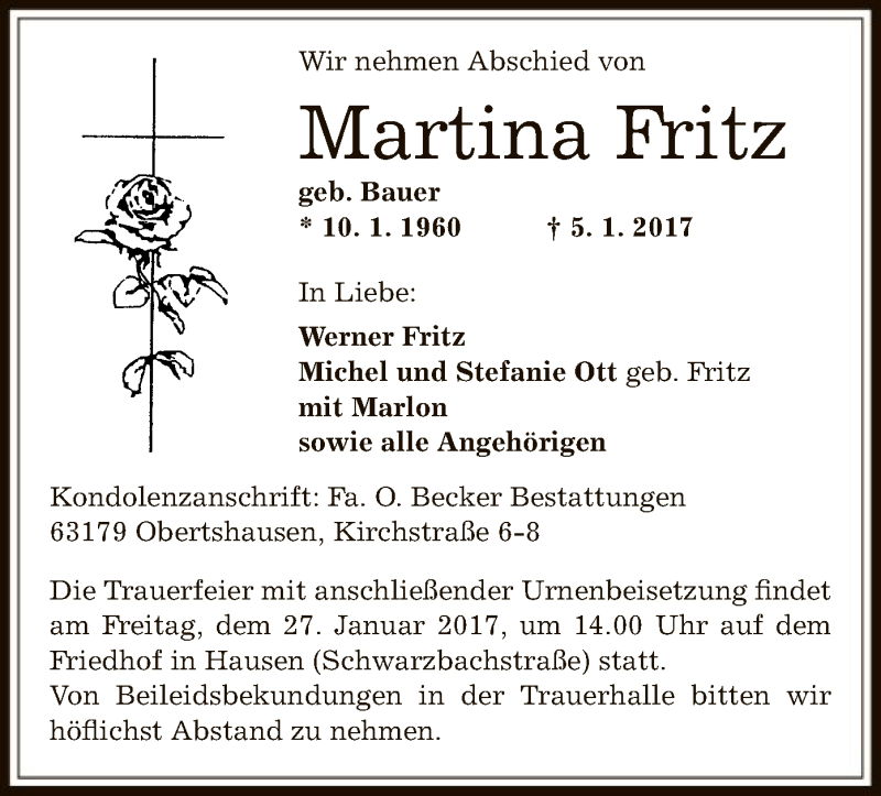  Traueranzeige für Martina Fritz vom 19.01.2017 aus Offenbach