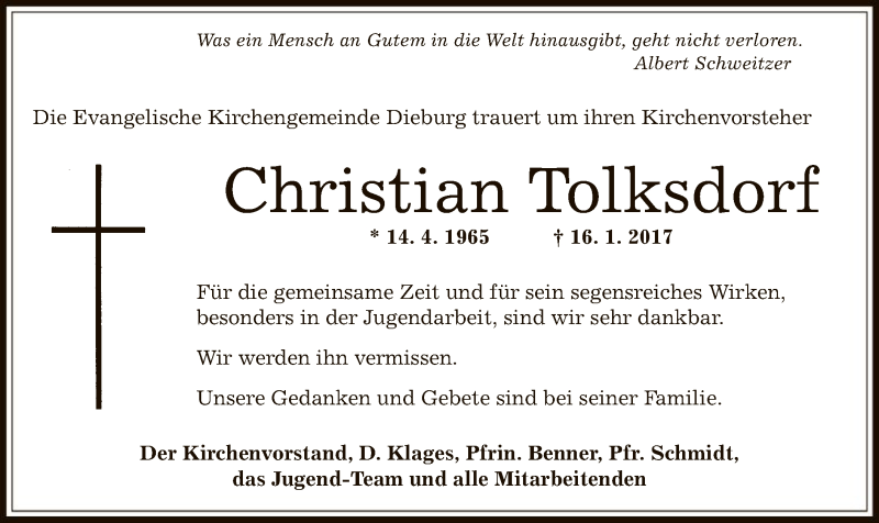  Traueranzeige für Christian Tolksdorf vom 21.01.2017 aus Offenbach