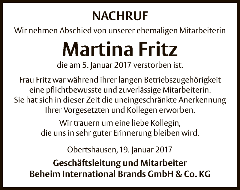  Traueranzeige für Martina Fritz vom 19.01.2017 aus Offenbach