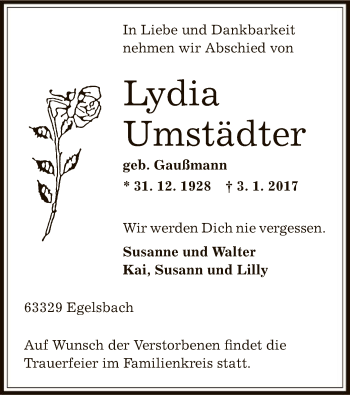 Traueranzeige von Lydia Umstädter von Offenbach