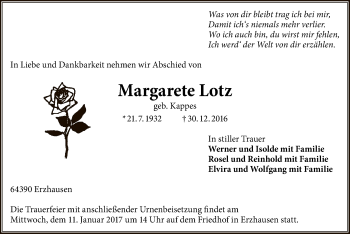 Traueranzeige von Margarete Lotz von Offenbach