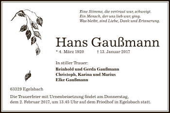 Traueranzeige von Hans Gaußmann von Offenbach