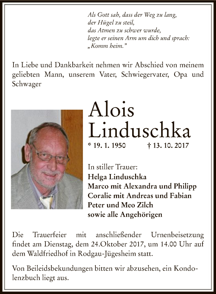 Traueranzeige für Alois Linduschka vom 21.10.2017 aus Offenbach